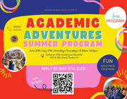   Color blocks with title text and QR code to sign up for the program